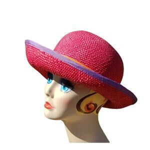TINA TOO Vintage Straw DERBY Summer Sun Hat Hot Pink Purple Orange Vacay Garden